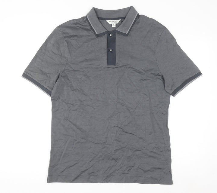Marks and Spencer Men's Grey Striped Cotton Polo Shirt M