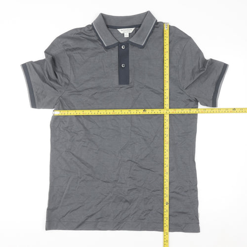 Marks and Spencer Men's Grey Striped Cotton Polo Shirt M