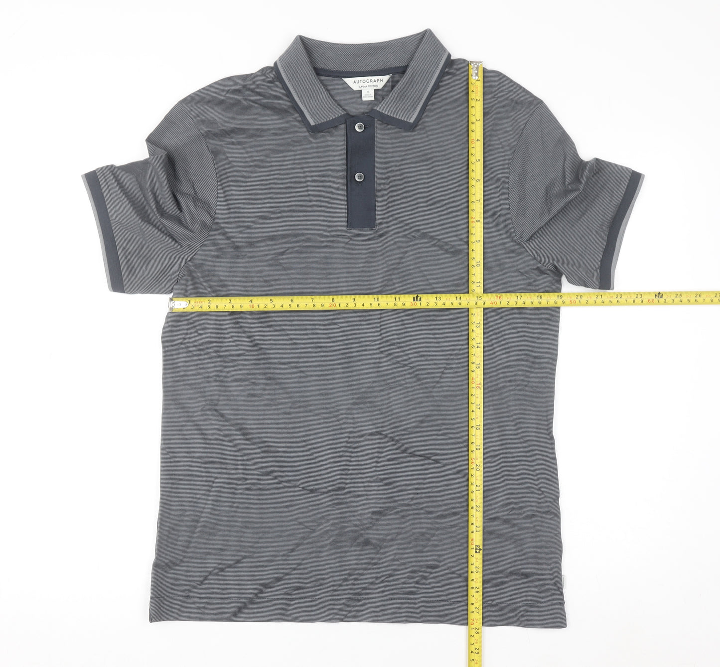 Marks and Spencer Men's Grey Striped Cotton Polo Shirt M