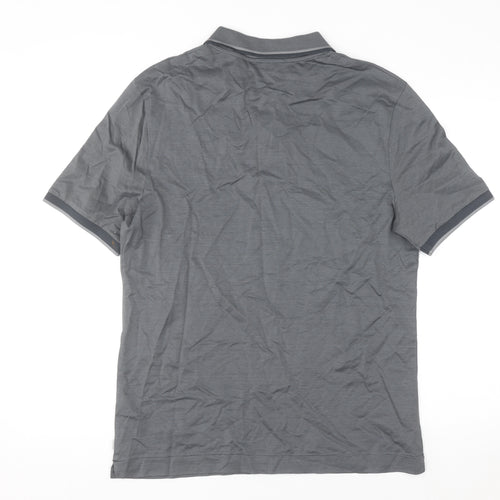 Marks and Spencer Men's Grey Striped Cotton Polo Shirt M