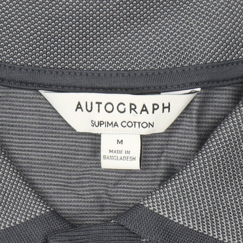 Marks and Spencer Men's Grey Striped Cotton Polo Shirt M