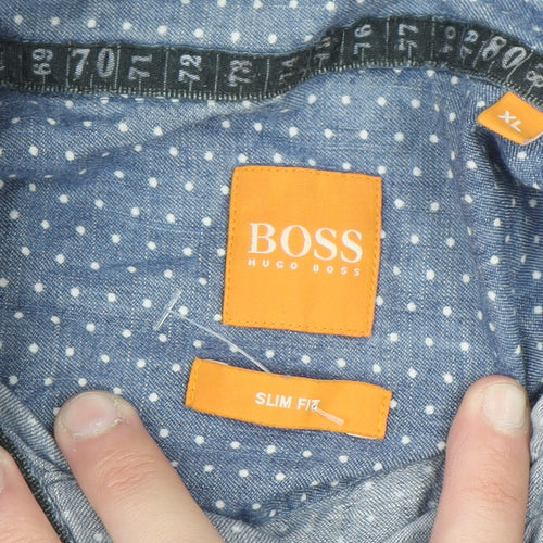 Hugo Boss Men's Blue Polka Dot Slim Fit Cotton Long Sleeve Shirt XL