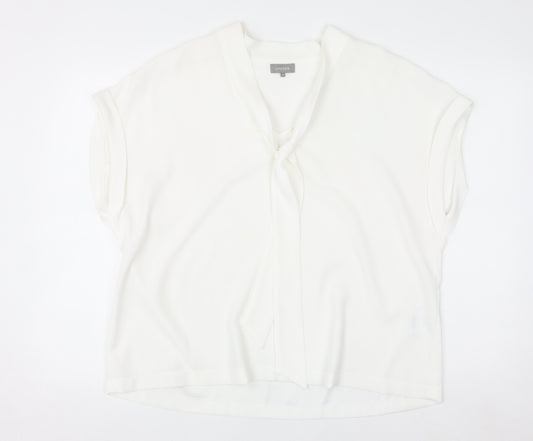 Jaeger Women's White Short Sleeve Tie Neck Blouse UK 18