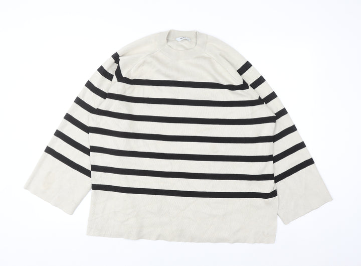 Object Women’s Beige Striped Knit Jumper L Long Sleeve Crew Neck