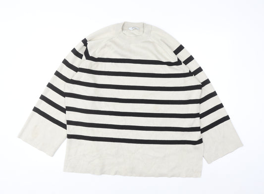 Object Women’s Beige Striped Knit Jumper L Long Sleeve Crew Neck