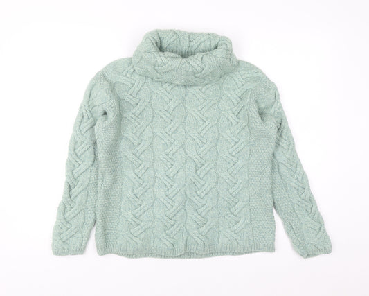 Aran Woollen Mills Women’s Green Merino Cable Knit Roll Neck Jumper Size S