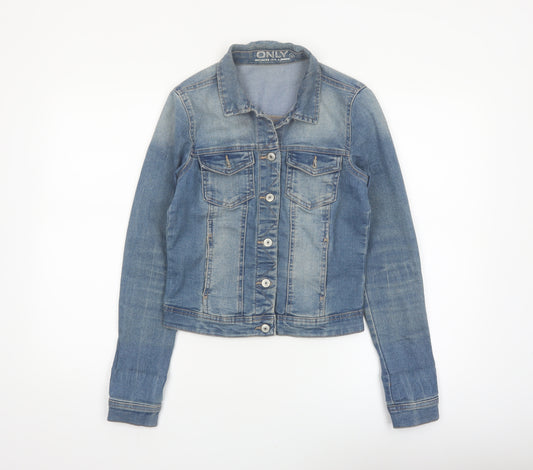 ONLY Womens Blue Denim Cropped Jacket Size 6 Casual Classic Style