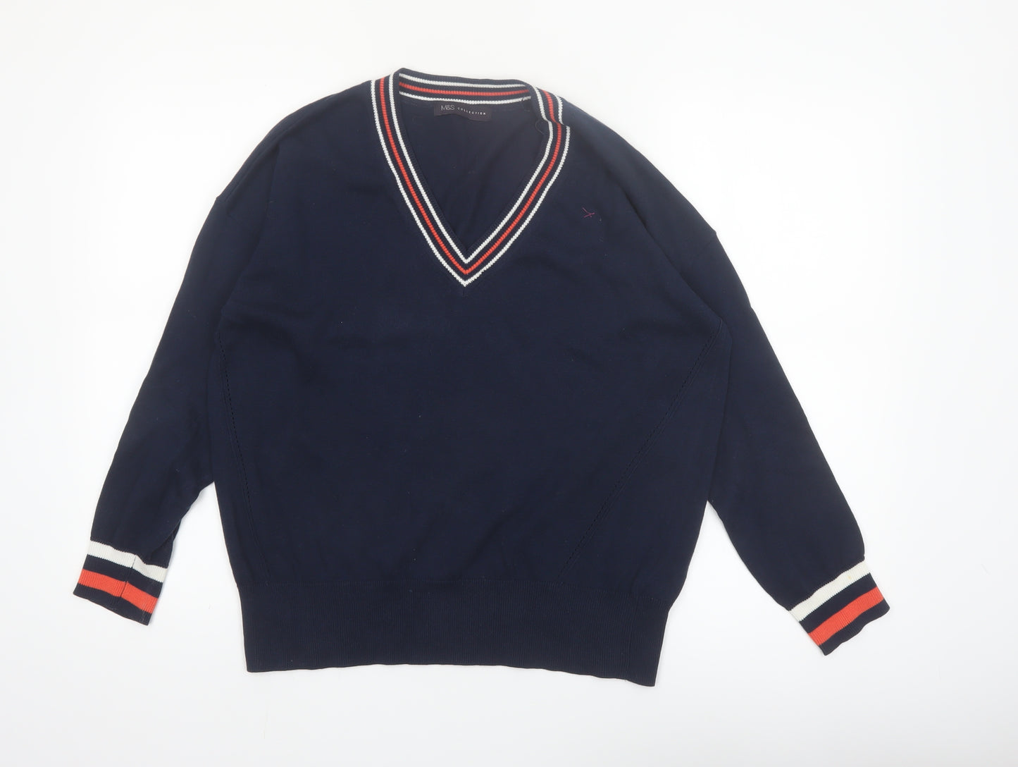 Marks and Spencer Women Blue V-Neck Cotton Jumper Size M