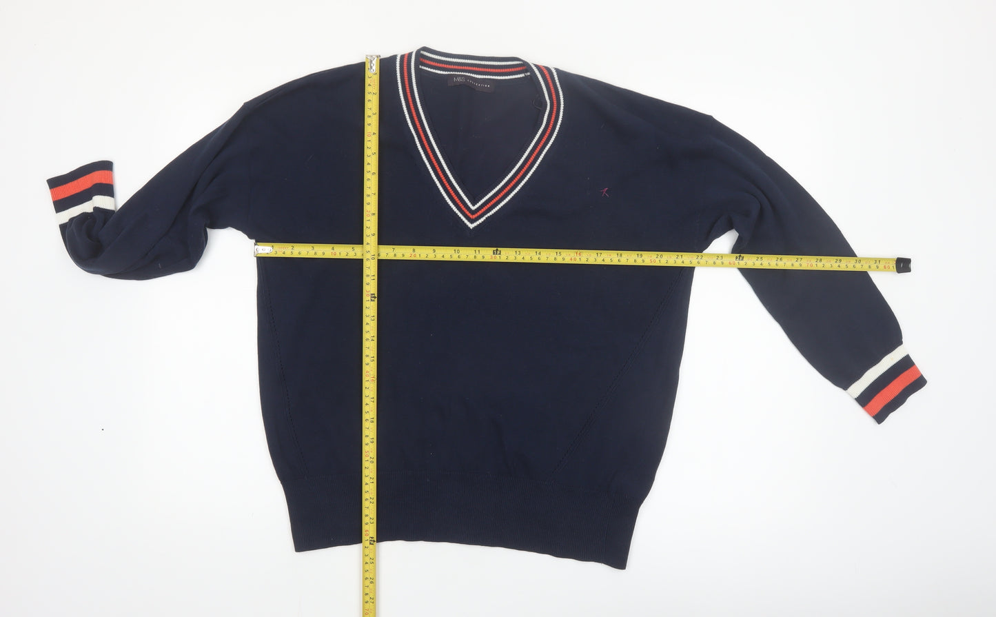 Marks and Spencer Women Blue V-Neck Cotton Jumper Size M