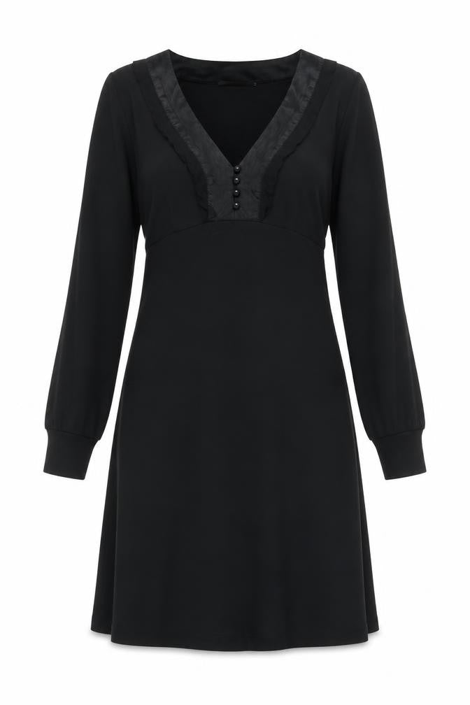 InWear Women's Black V-Neck Long Sleeve Knee Length A-Line Dress S