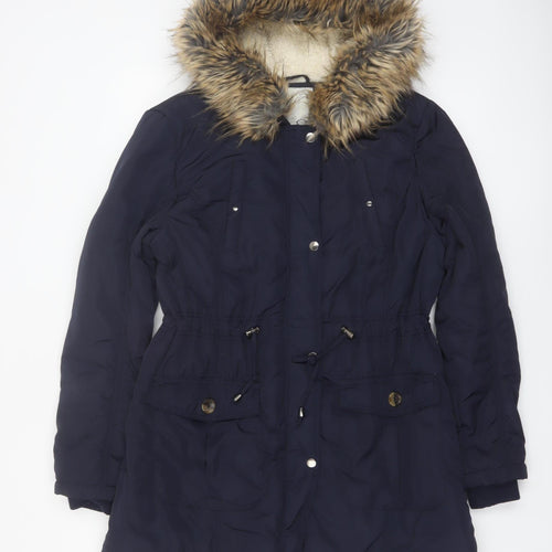 Denim Co Women Blue Faux Fur Trim Hooded Parka Coat Size 14
