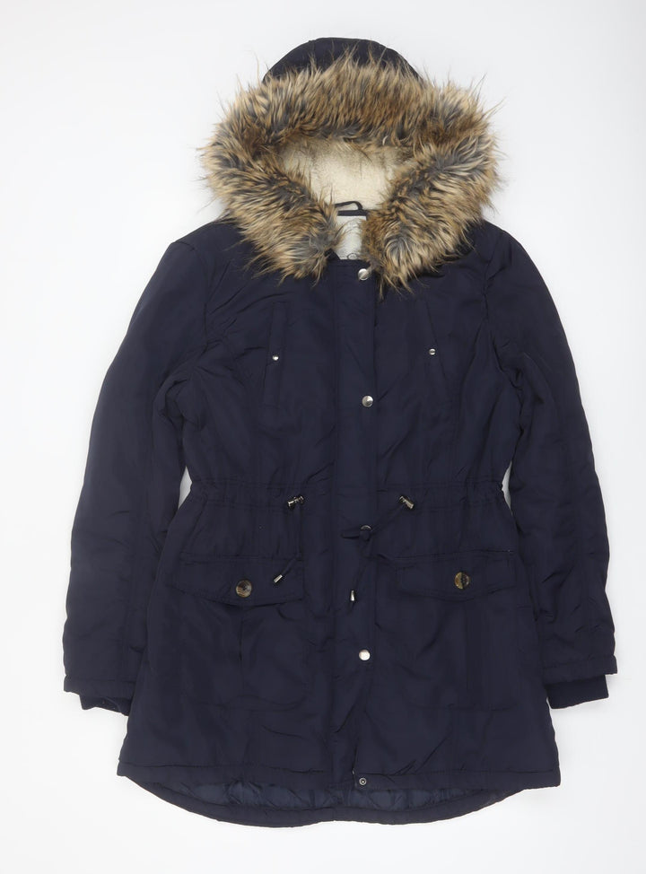 Denim Co Women Blue Faux Fur Trim Hooded Parka Coat Size 14
