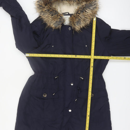 Denim Co Women Blue Faux Fur Trim Hooded Parka Coat Size 14