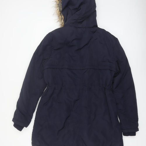 Denim Co Women Blue Faux Fur Trim Hooded Parka Coat Size 14