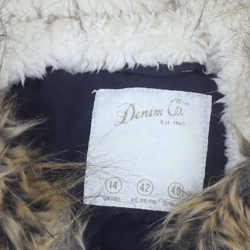 Denim Co Women Blue Faux Fur Trim Hooded Parka Coat Size 14