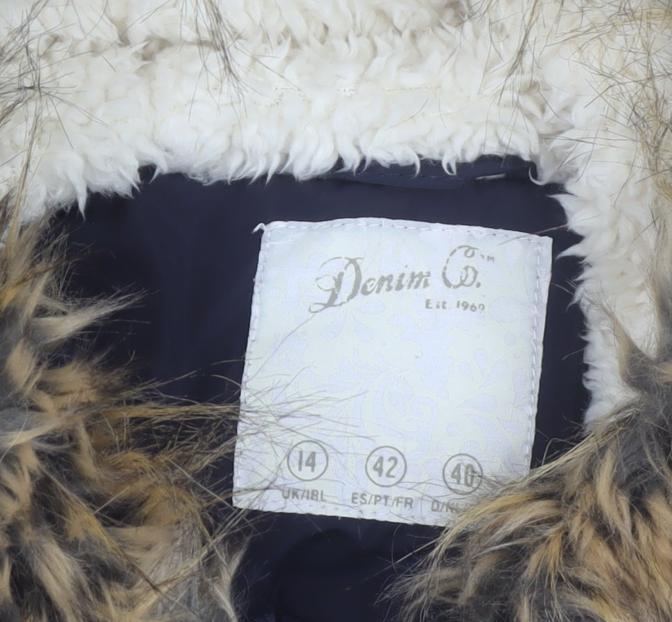 Denim Co Women Blue Faux Fur Trim Hooded Parka Coat Size 14