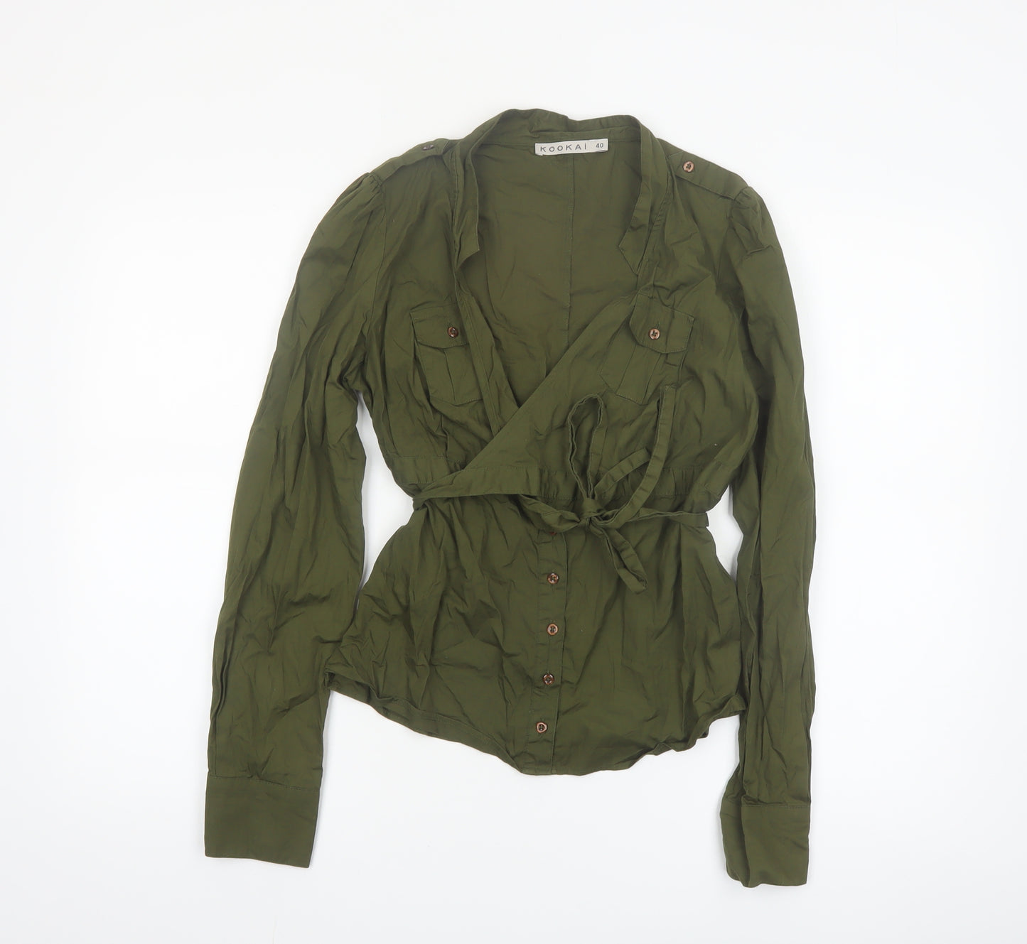 Kookai Women's Green Wrap Button-Up Blouse Size 12 Long Sleeve