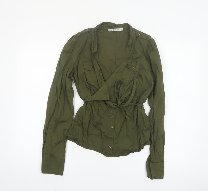 Kookai Women's Green Wrap Button-Up Blouse Size 12 Long Sleeve