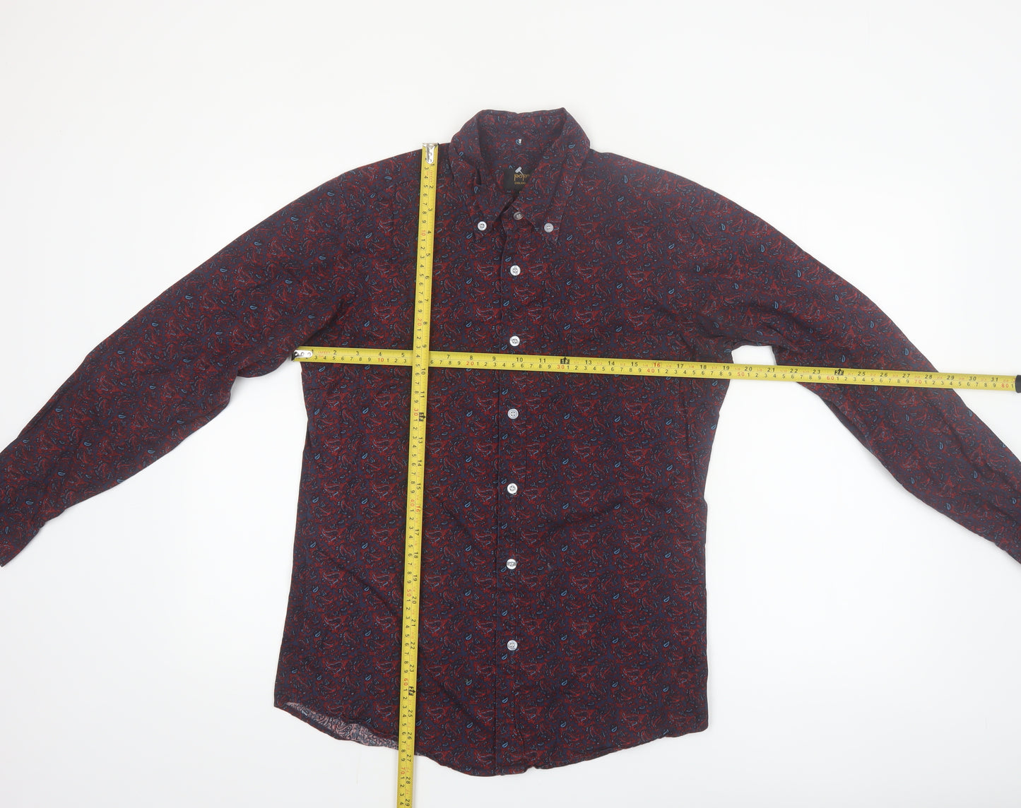 Pop England Men's Red Paisley Long Sleeve Cotton Button-Up Shirt Size S