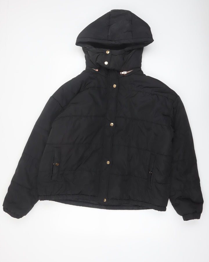 Boohoo Women’s Black Puffer Jacket Hooded Size 14 Winter Coat