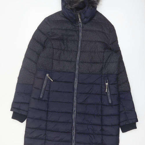 Superdry Womens Blue Long Puffer Coat Size 12 Hooded Faux Fur Winter Jacket
