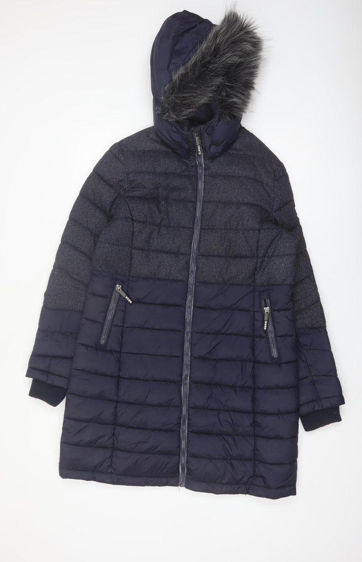 Superdry Womens Blue Long Puffer Coat Size 12 Hooded Faux Fur Winter Jacket