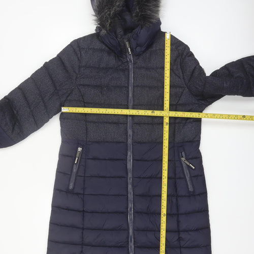 Superdry Womens Blue Long Puffer Coat Size 12 Hooded Faux Fur Winter Jacket