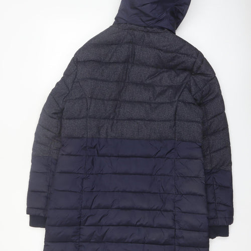 Superdry Womens Blue Long Puffer Coat Size 12 Hooded Faux Fur Winter Jacket