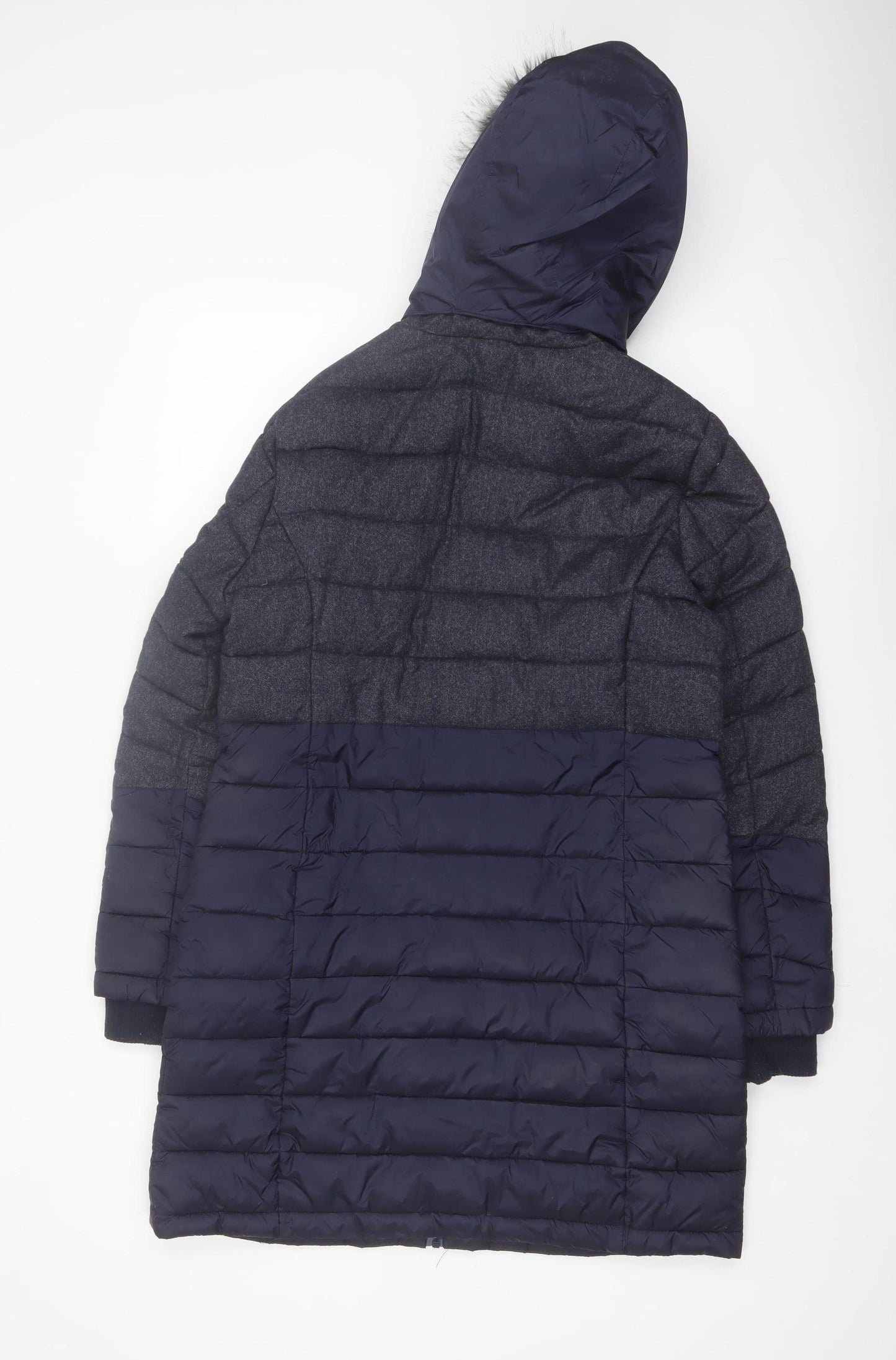 Superdry Womens Blue Long Puffer Coat Size 12 Hooded Faux Fur Winter Jacket