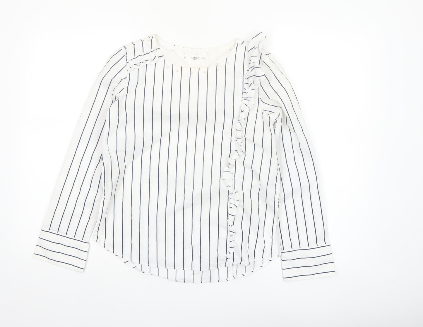 Mango Women’s White Striped Ruffle Long Sleeve Cotton Blouse XS