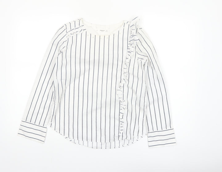 Mango Women’s White Striped Ruffle Long Sleeve Cotton Blouse XS