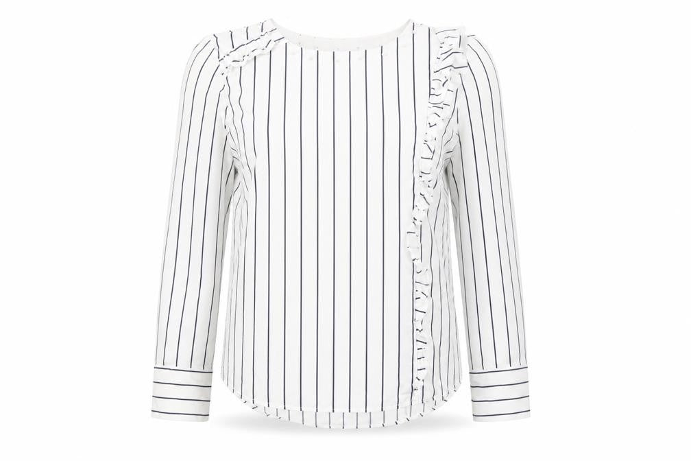 Front view of Mango Women’s White Striped Ruffle Long Sleeve Cotton Blouse XS