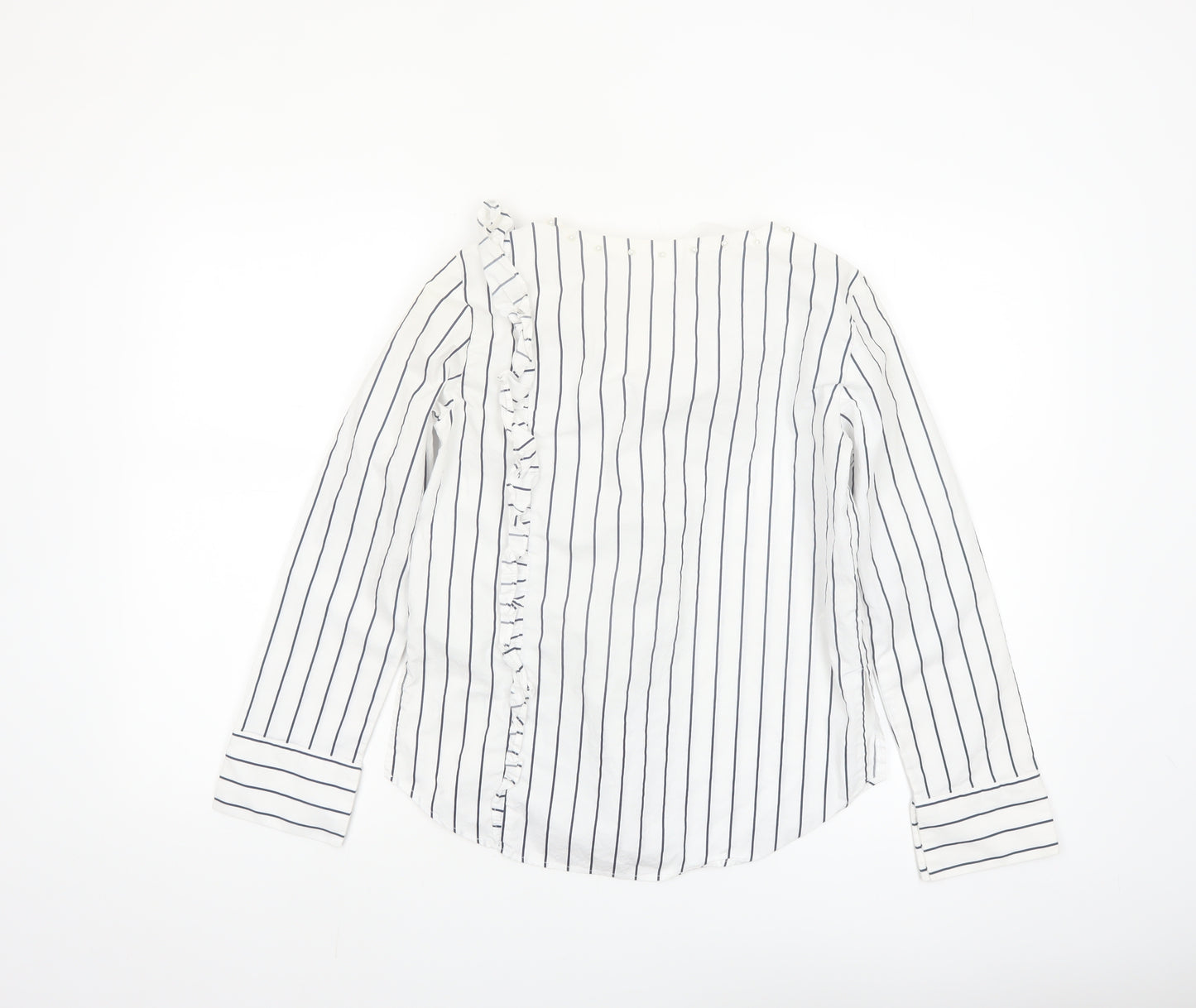 Mango Women’s White Striped Ruffle Long Sleeve Cotton Blouse XS