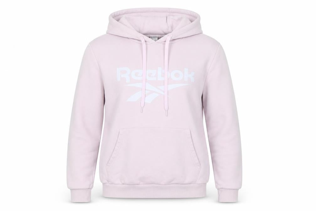 Front view of Reebok Women Pink Pullover Hoodie Small Cotton Logo Casual