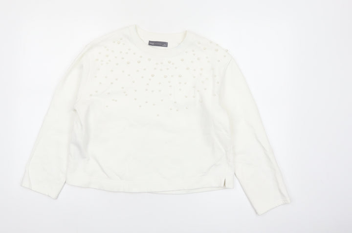 Marks and Spencer Women Ivory Pearl Embellished Pullover Sweatshirt S