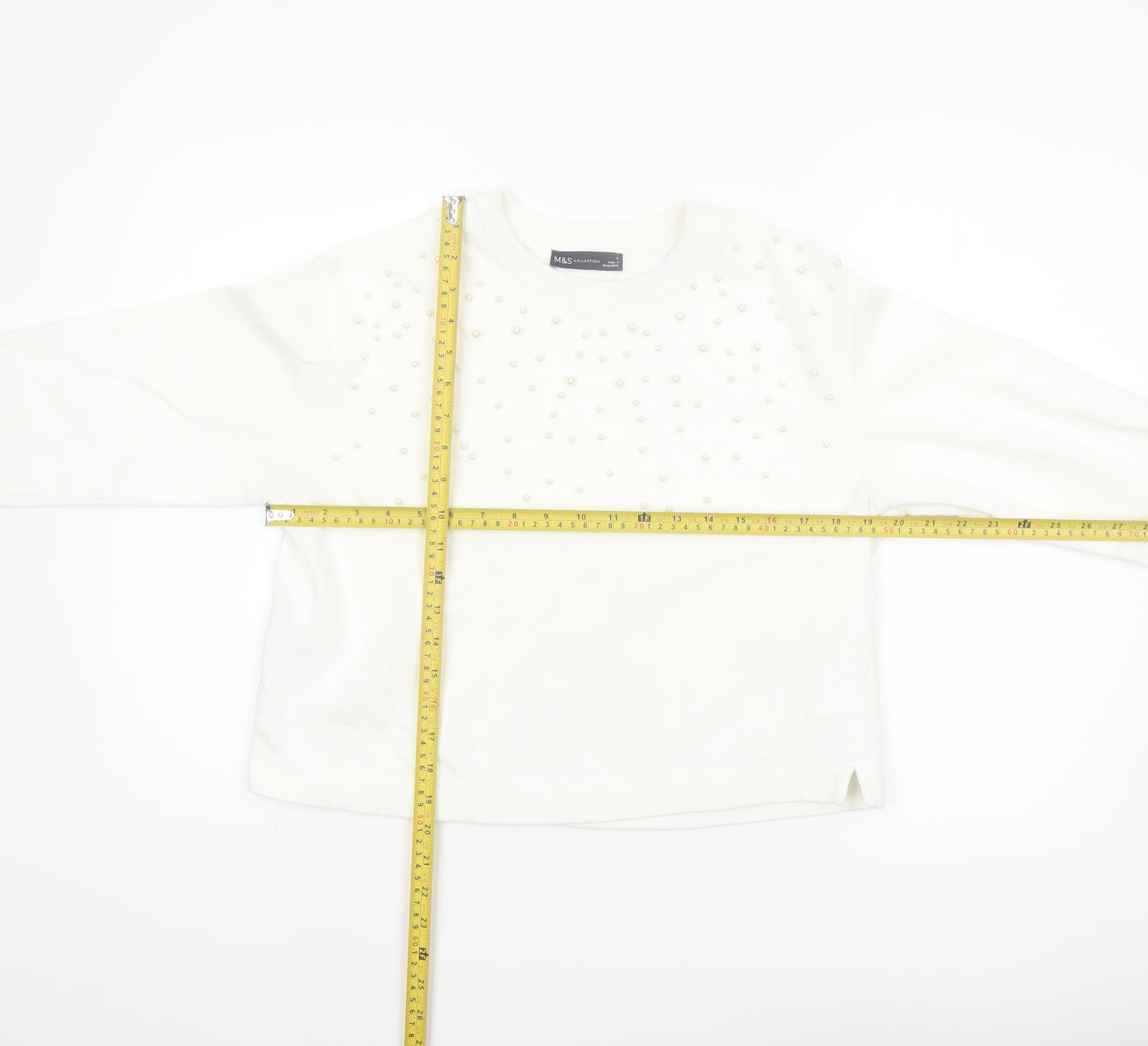 Marks and Spencer Women Ivory Pearl Embellished Pullover Sweatshirt S
