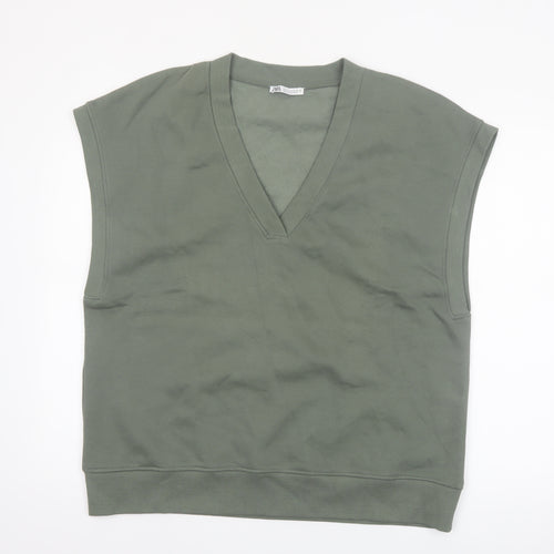 Zara Women Green V-Neck Sleeveless Basic Jersey Top Size 12