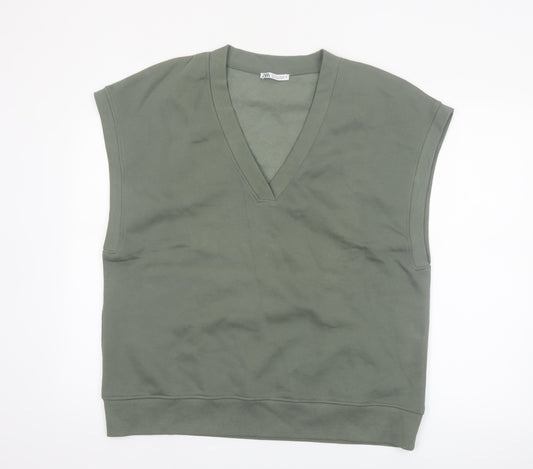 Zara Women Green V-Neck Sleeveless Basic Jersey Top Size 12