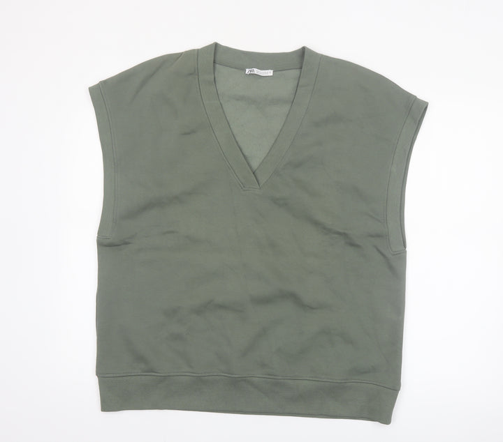 Zara Women Green V-Neck Sleeveless Basic Jersey Top Size 12
