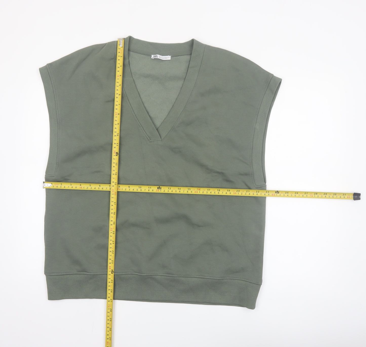 Zara Women Green V-Neck Sleeveless Basic Jersey Top Size 12