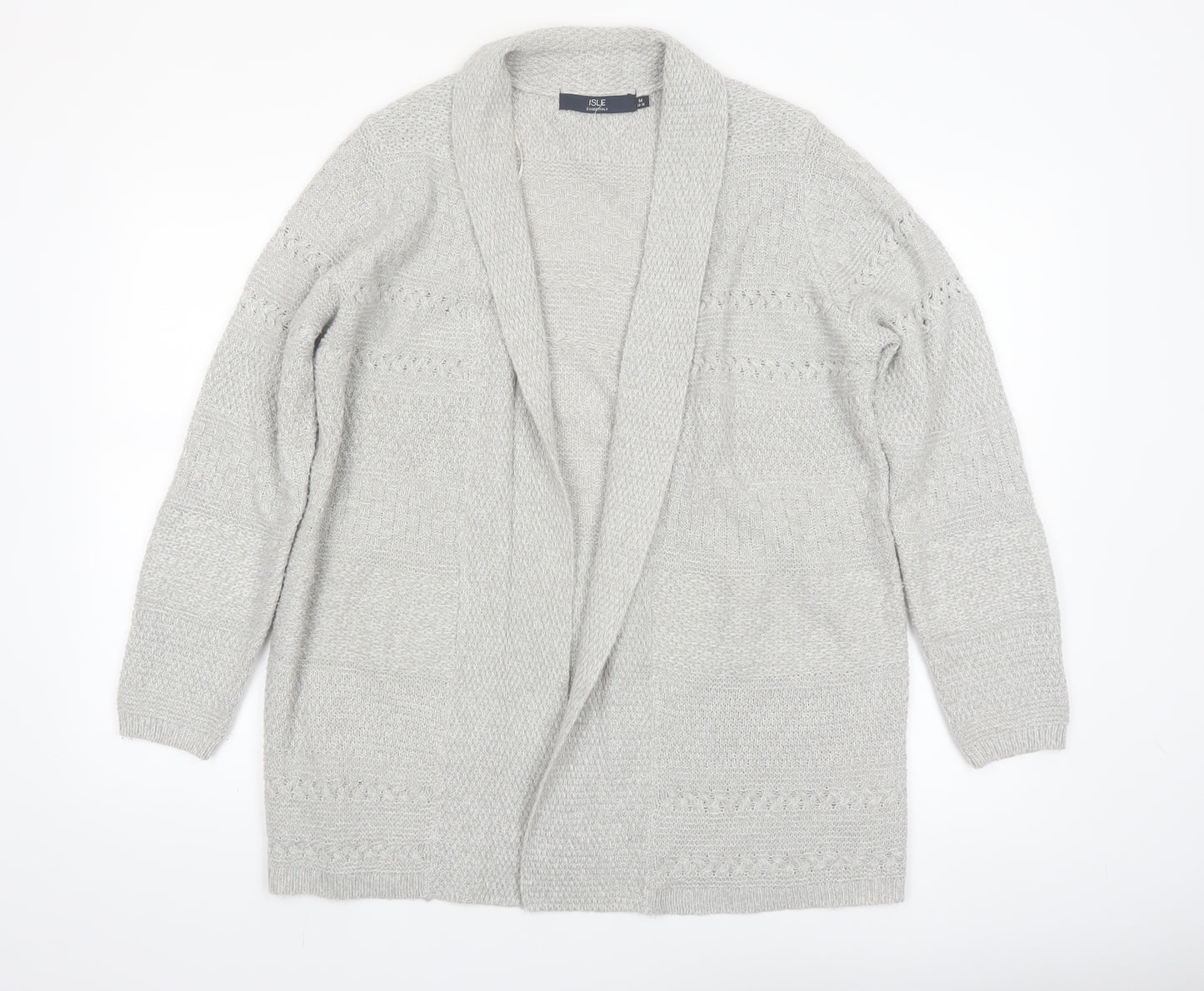 Isle Essentials Womens Grey Open Knit Long Sleeve Cardigan M 14-16