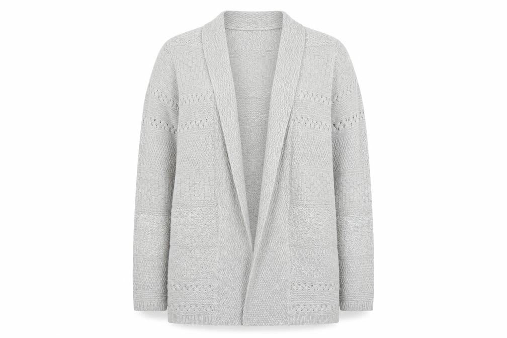 Front view of Isle Essentials women’s grey open knit long sleeve cardigan m 14-16