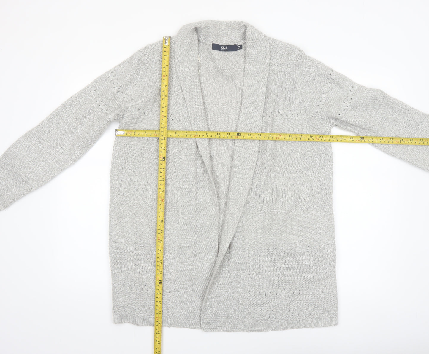 Isle Essentials Womens Grey Open Knit Long Sleeve Cardigan M 14-16