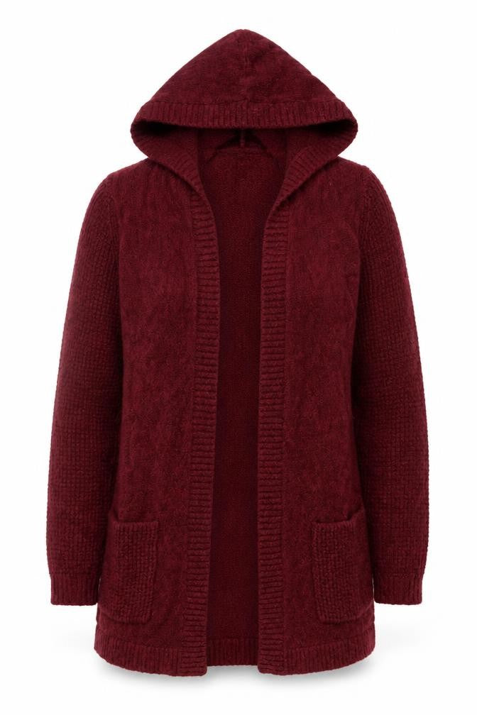Front view of Lands' End Women's Red Hooded Open Knit Cardigan, size S