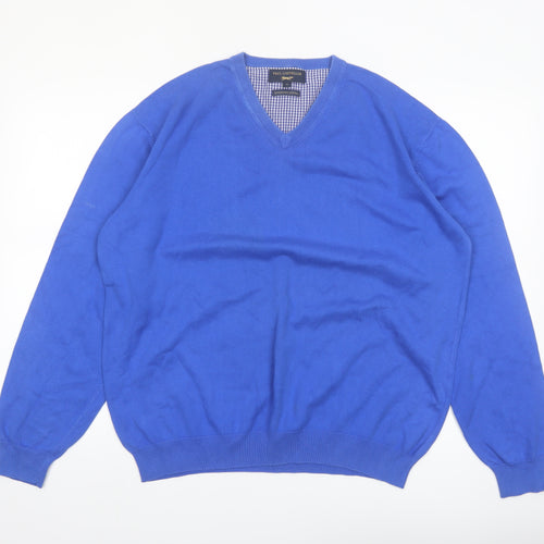 Paul Costelloe Men's Blue XL V-Neck Cotton Pullover Jumper