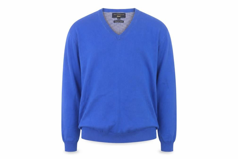 Front view of Paul Costelloe Men's Blue XL V-Neck Cotton jumper