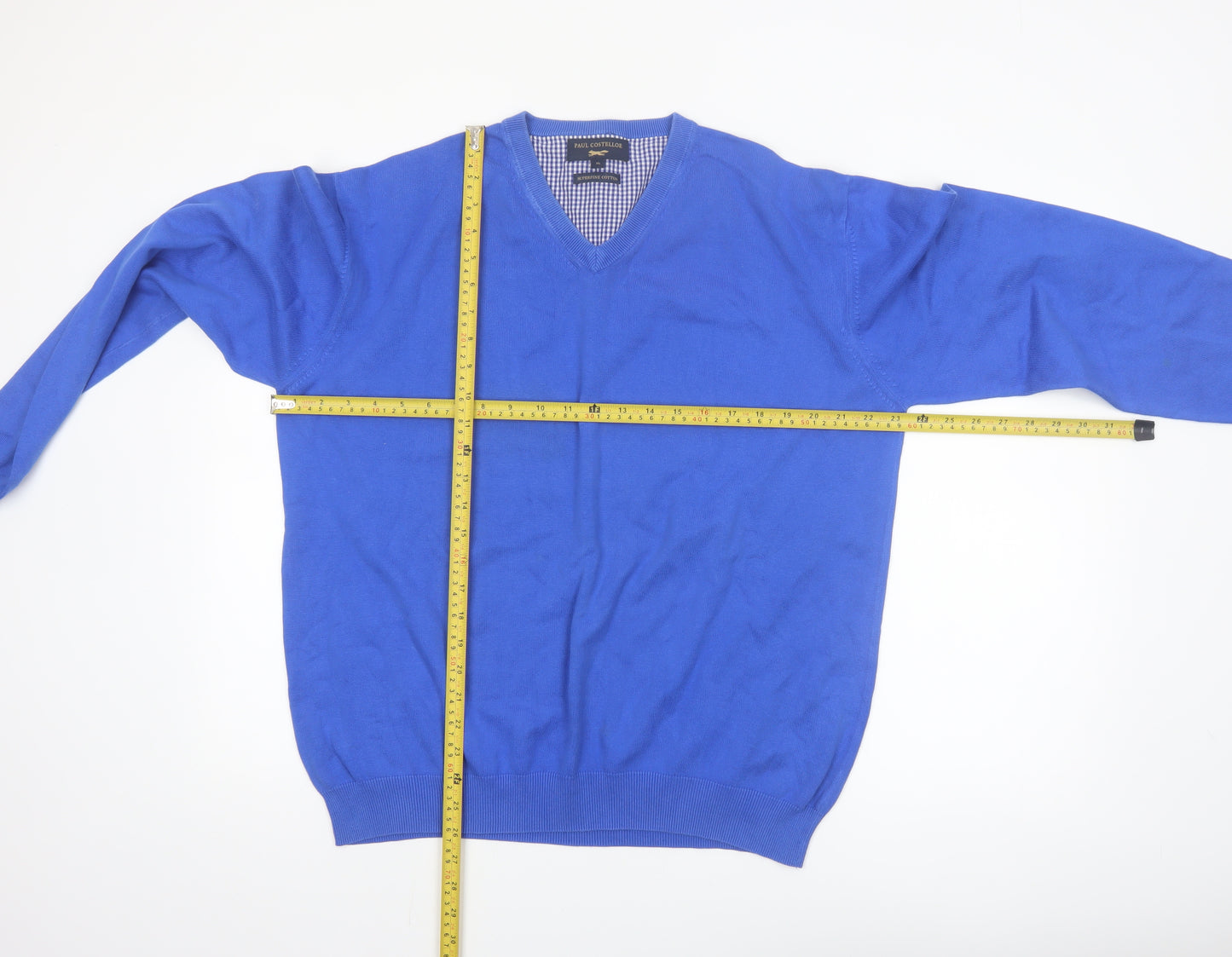 Paul Costelloe Men's Blue XL V-Neck Cotton Pullover Jumper