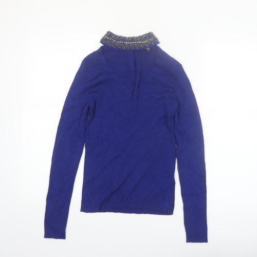 Oasis Women's Blue Beaded Collar V-Neck Slim Fit Jumper Size S