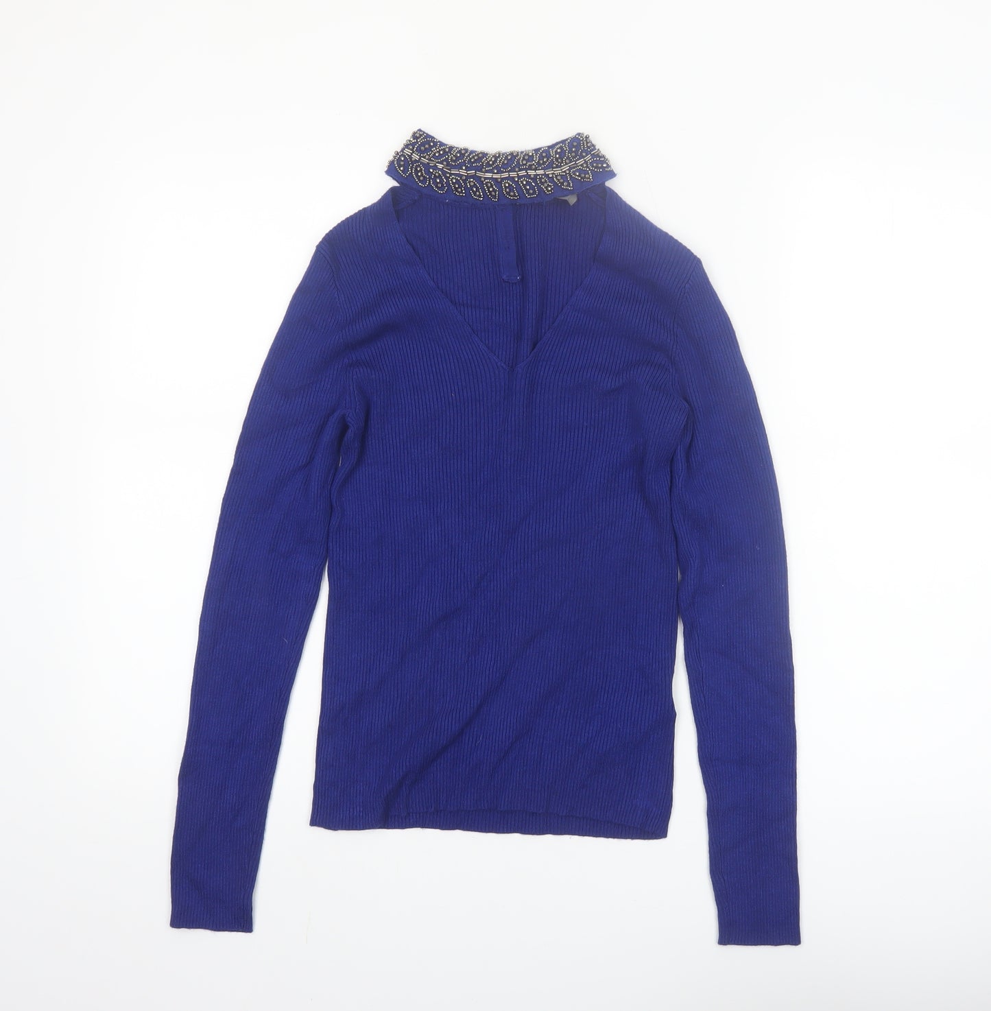 Oasis Women's Blue Beaded Collar V-Neck Slim Fit Jumper Size S