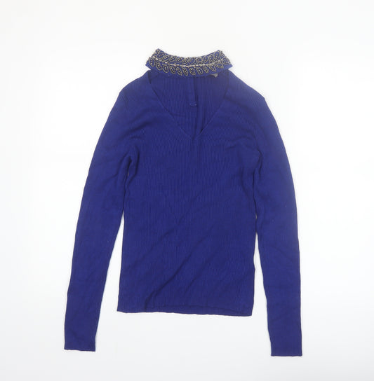 Oasis Women's Blue Beaded Collar V-Neck Slim Fit Jumper Size S